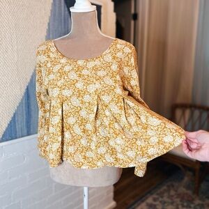 Kimchi Blue Mustard Floral Flared Cropped Babydoll Blouse